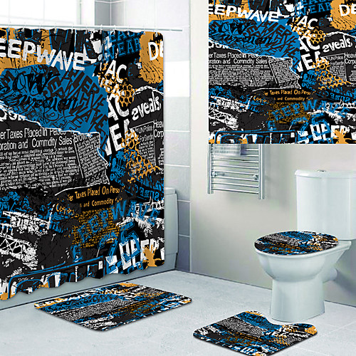 

Creative Letters Printed Bathtub Curtain liner Covered with Waterproof Fabric shower Curtain for Bathroom home Decoration with hook floor mat and four-piece Toilet mat