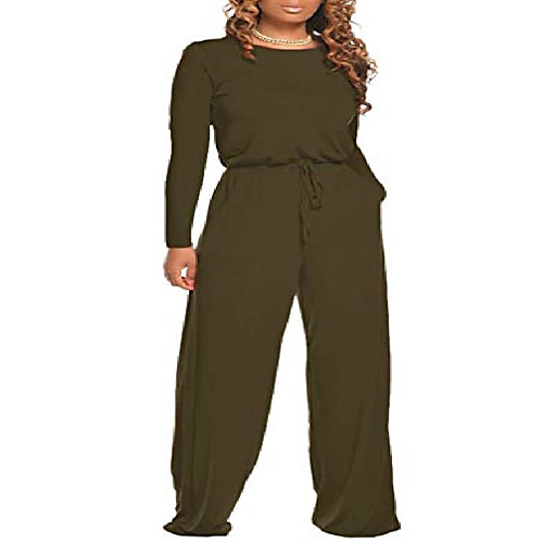 

women's sexy round neck long sleeve drawstring waist jumpsuit romper with pockets armygreen