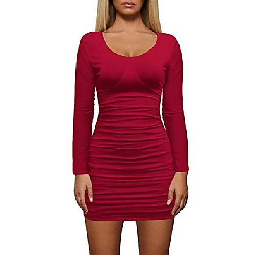 

liher women's bodycon dress round neck long sleeve ruched sexy club mini party dress wine red s