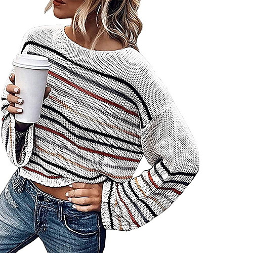 

Women's Stylish Knitted Striped Sweater Long Sleeve Sweater Cardigans Crew Neck Winter Summer White Black Khaki