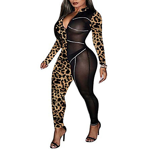 

sprifloral women sexy one piece outfit long sleeve turtleneck bodysuit leopard print mesh jumpsuits long romper pants clubwear s