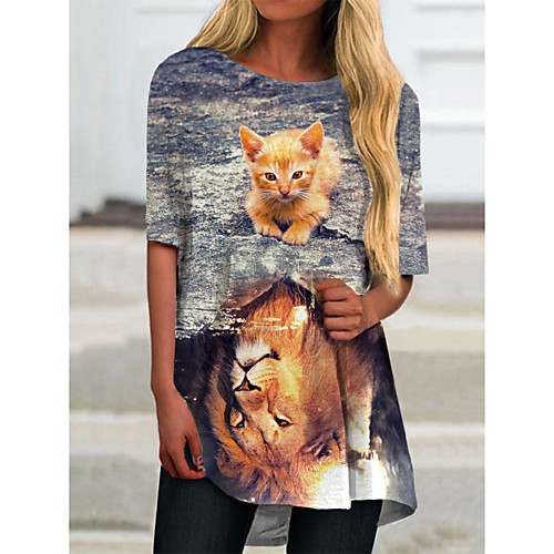 

Women's T Shirt Dress Tee Dress Short Mini Dress Yellow Half Sleeve Cat Animal Print Spring Summer Round Neck Casual 2021 S M L XL XXL 3XL