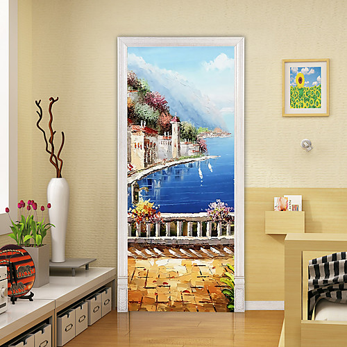 

Oil Painting Style 2pcs Self-adhesive Creative Seaside White Castle Door Stickers For Living Room Diy Decoration Home Waterproof Wall Stickers
