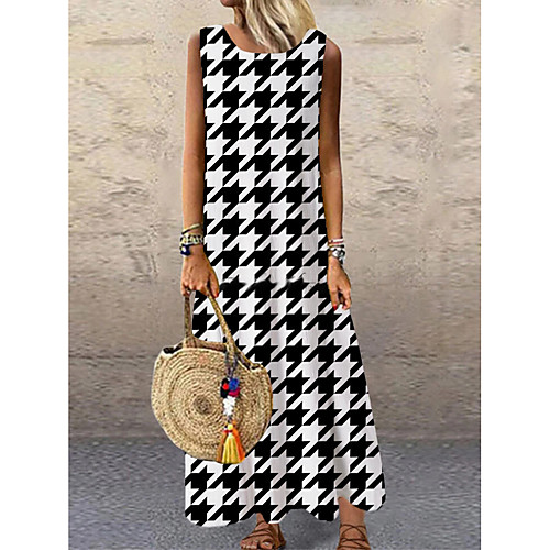 

Women's Shift Dress Maxi long Dress Black Sleeveless Check Geometric Print Spring Summer Round Neck Casual 2021 S M L XL XXL 3XL