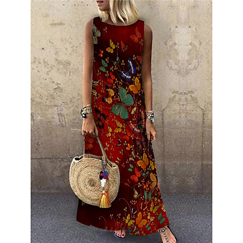 

Women's Shift Dress Maxi long Dress Red Sleeveless Print Animal Print Spring Summer Round Neck Casual 2021 S M L XL XXL 3XL