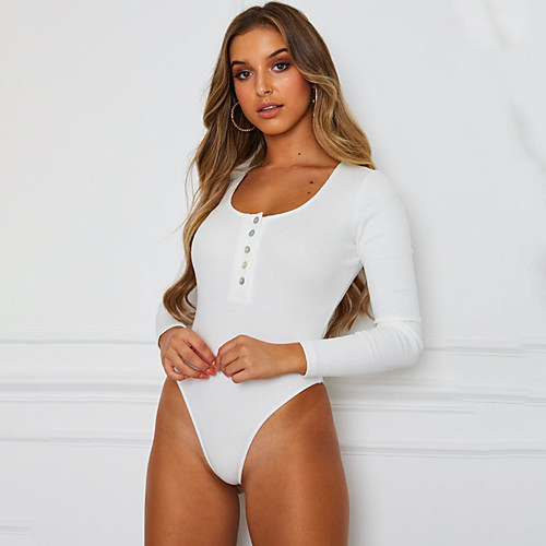 

Women's Bodysuit Plain Long Sleeve Button U Neck Tops Cotton Basic Streetwear Basic Top White Black Blue