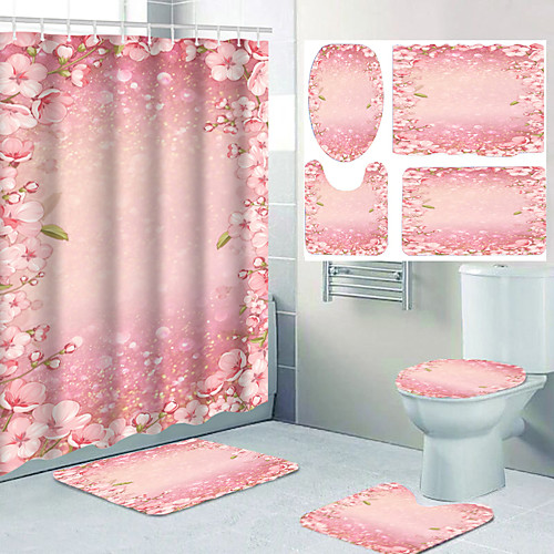 

Flower Pattern Bathroom Waterproof Shower Curtain and Cushion Four-piece Modern Polyester New Design