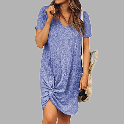 

Women's T Shirt Dress Tee Dress Knee Length Dress Blue Yellow Blushing Pink Khaki Green Dark Gray Short Sleeve Solid Color Summer V Neck Casual 2021 S M L XL XXL