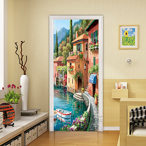 

2pcs Self-adhesive Creative Door Stickers Oil Painting Style Lakeside Scenery Living Room Diy Decoration Home Waterproof Wall Stickers