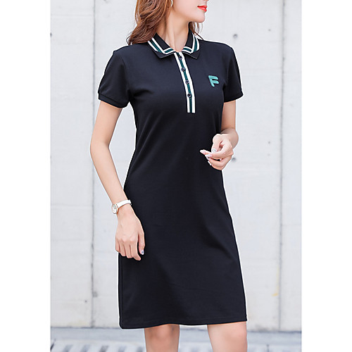

Women's Sports Dress Knee Length Dress White Black Navy Blue Short Sleeve Letter Print Summer Shirt Collar Casual Cotton 2021 M L XL XXL