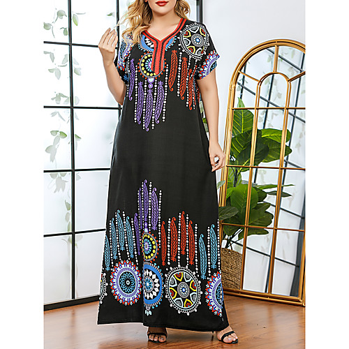 

Women's Plus Size Geometric Print Casual Cap Sleeve Short Sleeve Spring & Summer Maxi long Dress Shift Dress Black
