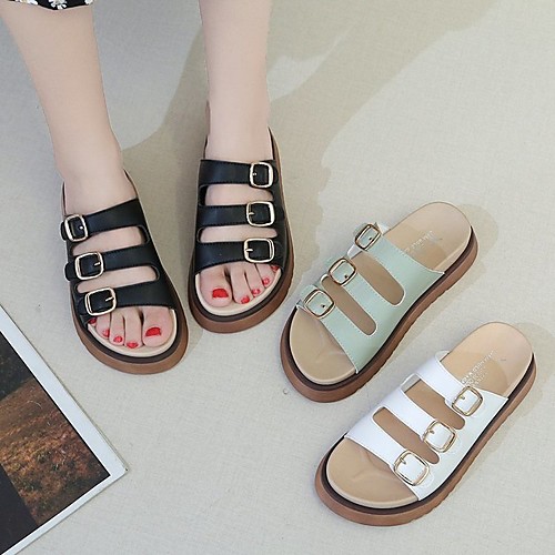 

Women's Sandals Flat Heel Round Toe PU Buckle Solid Colored White Black Green