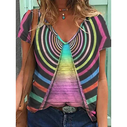 

Women's T shirt 3D V Neck Tops Cotton Basic Basic Top Rainbow