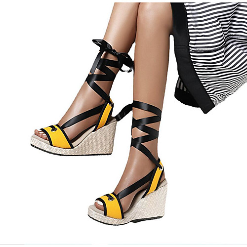 

Women's Sandals Wedge Heel Round Toe Canvas Ribbon Tie Color Block Almond Yellow Gray