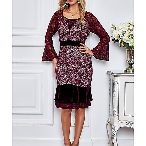 

Women's Sheath Dress Knee Length Dress Red Long Sleeve Solid Color Layered Lace Fall Summer Round Neck Elegant Casual 2021 S M L XL XXL