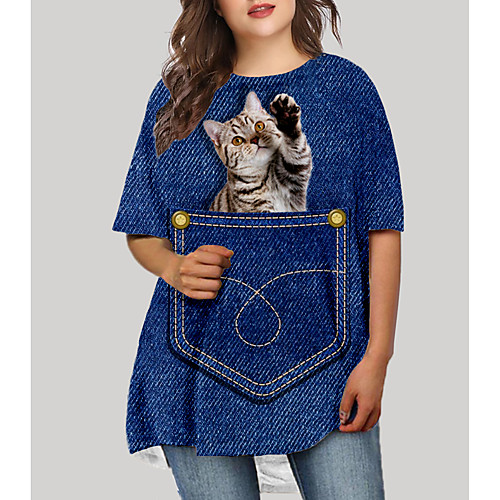

Women's Plus Size Dresses T Shirt Dress Tee Dress Short Mini Dress Half Sleeve Cat Graphic Animal Print Basic Fall Blue XL XXL 3XL 4XL 5XL / Holiday