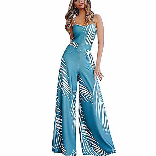 

jieou women's elegant jumpsuit floral print sling sleeveless wide leg high waist long jumpsuit romper (blue, m)