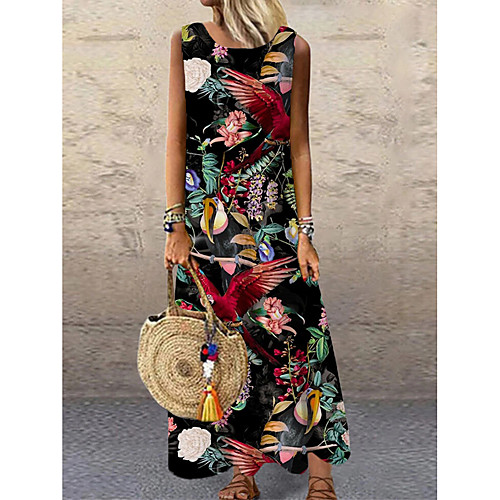 

Women's Shift Dress Maxi long Dress Black Sleeveless Floral Print Print Spring Summer Round Neck Casual 2021 S M L XL XXL 3XL