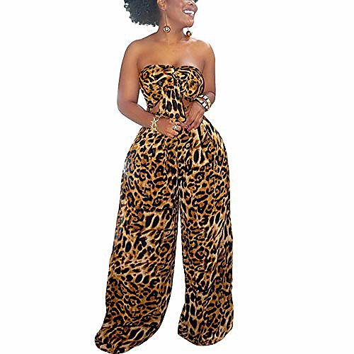 

woosen women 's sleeveless tie front knot crop tops wide leg pants set polka dot leopard print 2 piece outfits, 9142-brown, medium