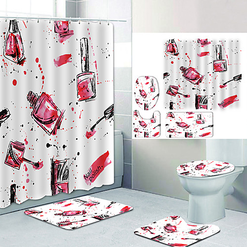 

Red Cosmetics Digital Printing Four-piece Set Shower Curtains and Hooks Modern Polyester Machine Made Waterproof Bathroom