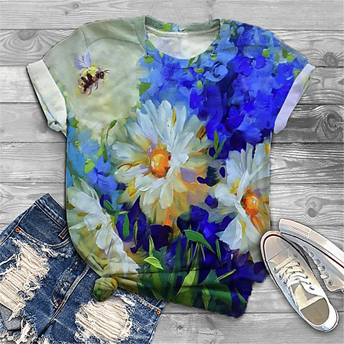 

Women's Plus Size Print Floral Graphic T shirt Large Size Crewneck Short Sleeve Basic Tops XL XXL 3XL Blue Big Size