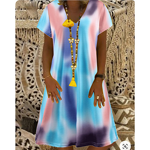 

2021ebay amazon european and american plus size women's dress loose and thin v-neck short-sleeved tie-dye printed ladies dress