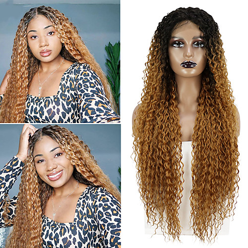 

Curly Long Lace Front Wigs Deep Part Hair Wig for Women Heat Resistant Fabric Two Town Synthetic Hair Replacement Wig Free Cap