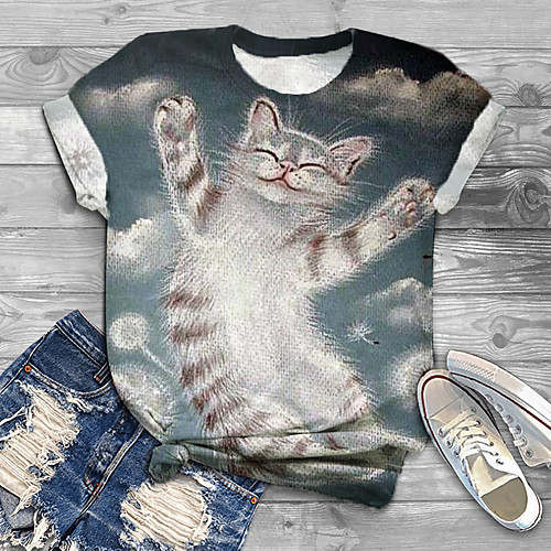 

Women's Plus Size Print Cat Graphic Animal T shirt Large Size Crewneck Short Sleeve Basic Tops XL XXL 3XL Blue Big Size