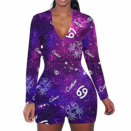 

women pajamas romper deep v neck long sleeve one piece bodycon constellation star sexy jumpsuit sleepwear button up nightwear (constellation-cancer, medium)