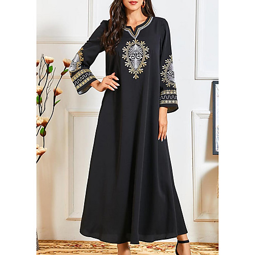 

Women's Kaftan Dress Maxi long Dress Black Long Sleeve Print Embroidered Print Summer Round Neck Casual 2021 M L XL XXL 3XL 4XL / Plus Size
