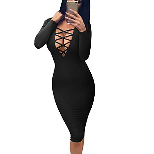 

lagshian women's sexy long sleeve lace up v-neck bodycon midi club dress black
