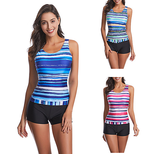 

Women's Tankini Spandex Swimwear Quick Dry Breathable Sleeveless 2 Piece - Swimming Surfing Water Sports Stripes Summer