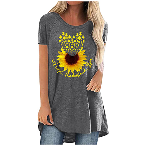 

amazon 2021 summer hot sale sunflower print casual plus size mid-length round neck short-sleeved t-shirt women