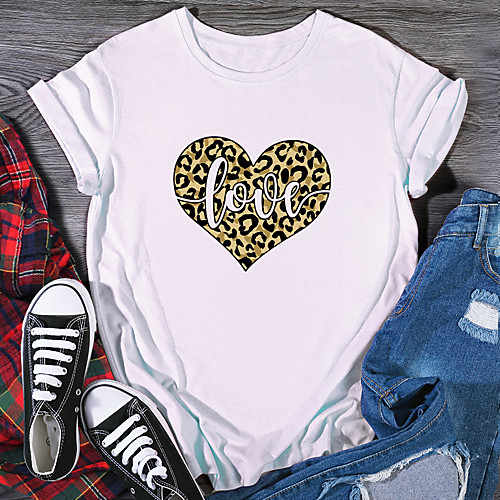 

Women's T shirt Graphic Heart Leopard Print Round Neck Tops 100% Cotton Basic Basic Top White Black Purple