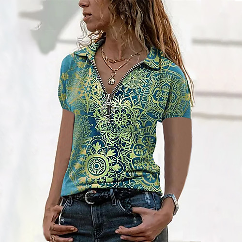 

Women's T shirt Floral Print Shirt Collar Tops Basic Basic Top Blue Purple Green