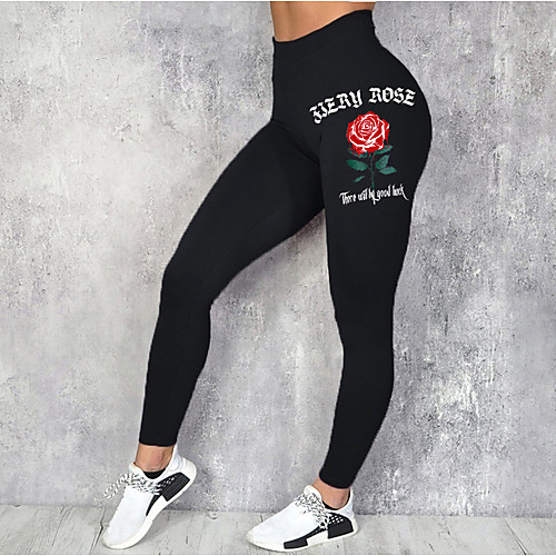 

Women's Sporty Fashion Comfort Leisure Sports Weekend Leggings Pants Flower / Floral Letter Ankle-Length Sporty Elastic Waist Print Black Blue