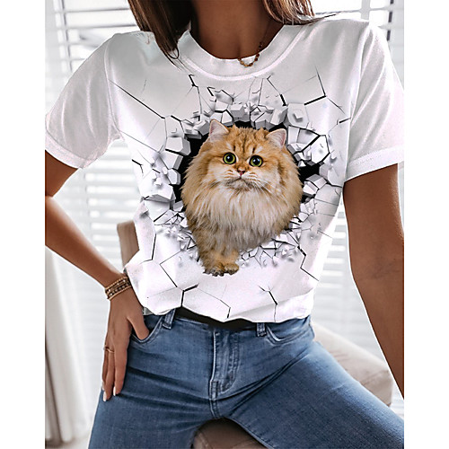 

Women's T shirt Cat 3D Animal Print Round Neck Tops Basic Basic Top White