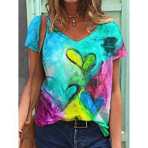 

Women's Heart T shirt Heart Tie Dye V Neck Tops Basic Basic Top Rainbow