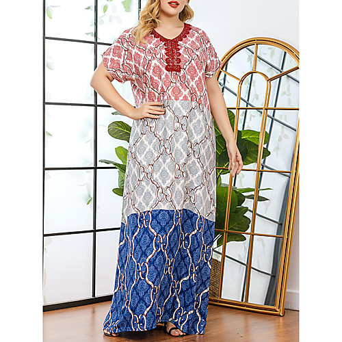 

Women's Plus Size Dresses Shift Dress Maxi long Dress Short Sleeve Color Block Print V Neck Casual Spring & Summer Red L XL XXL 3XL / Loose