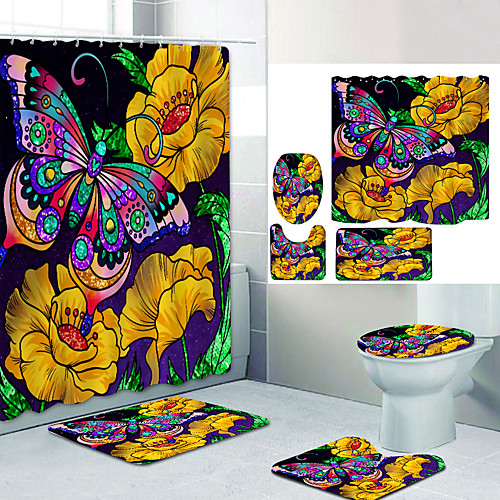 

Butterfly Honey Powder Digital Printing Four-piece Set Shower Curtains and Hooks Modern Polyester Machine Made Waterproof Bathroom