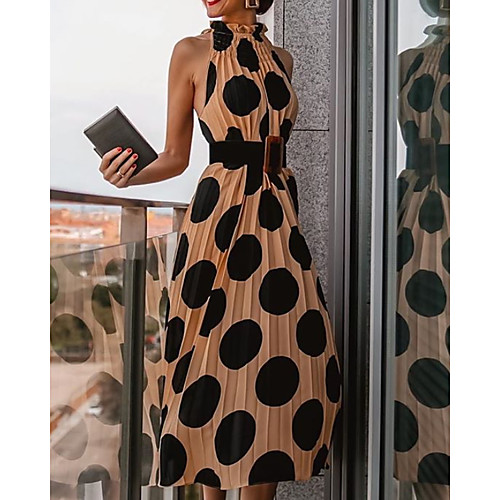 

Women's A Line Dress Midi Dress Khaki Sleeveless Polka Dot Print Spring Summer Round Neck Elegant Casual 2021 S M L XL