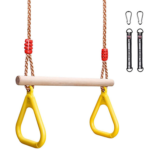 

Children's Playground Wood Trapeze Swing Bar with Plastic Rings Gym Rings Hanging up to a Load of 100kg for Kids (Yellow)