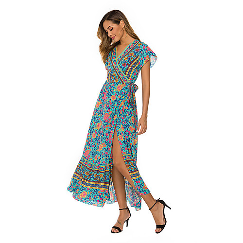 

cross-border women's new dress bohemian big swing v-neck beach holiday lace-up printed dress cy230