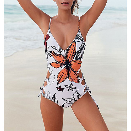 

Women's One Piece Swimsuit Spandex Swimwear Bodysuit Quick Dry Breathable Sleeveless Backless - Swimming Surfing Water Sports Floral / Botanical Summer