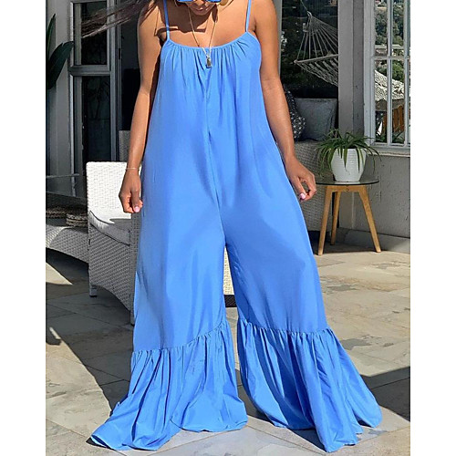 

2021 europe and the united states new cross-border independent station hot sale hot style hanging wide loose large size flared pants solid color jumpsuit