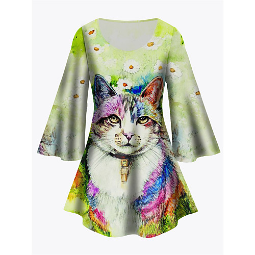 

Women's Plus Size Print Cat Graphic Tunic Large Size Crewneck 3/4 Length Sleeve Basic Tops XL XXL 3XL Green Big Size