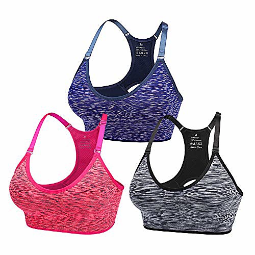 

cluci 3 pack adjustable straps sports bras for women, medium impact support sports bra with removable pads for yoga, pilates, jogging (black blue orange) l