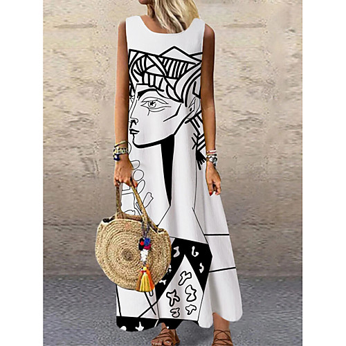 

Women's Shift Dress Maxi long Dress White Black Sleeveless Print Color Block Print Spring Summer Round Neck Casual 2021 S M L XL XXL 3XL