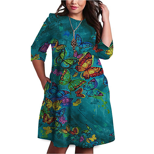

Women's Plus Size Dresses Shift Dress Knee Length Dress 3/4 Length Sleeve Graphic Butterfly Print Basic Fall Blue Green XL XXL 3XL 4XL 5XL / Holiday