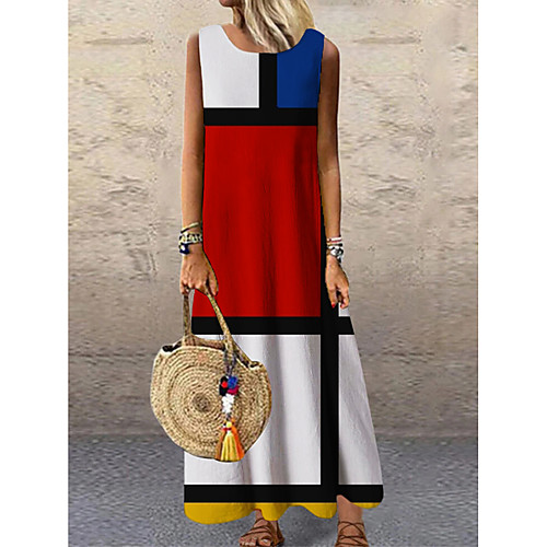 

Women's Shift Dress Maxi long Dress Red Sleeveless Print Geometric Print Spring Summer Round Neck Casual 2021 S M L XL XXL 3XL